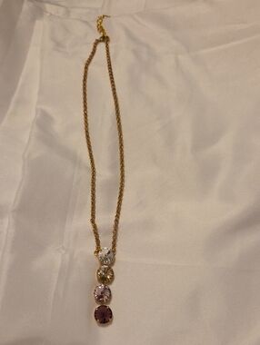 Gold Tone Pendant Necklace with Clear, Champagne, Light Pink and Purple Stones